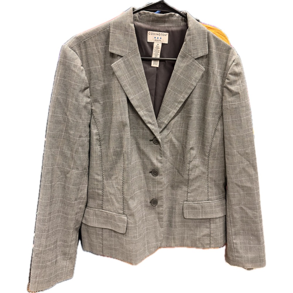 Covington Stretch Womens Plus Size 18 Gray Glen Plaid 3-Button Blazer Jacket